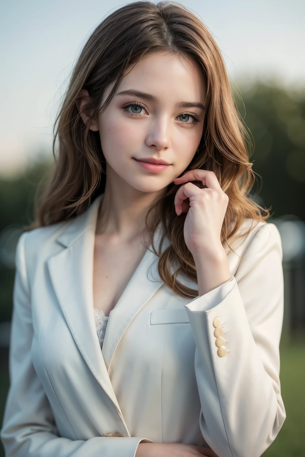 Create a hyper-realistic image of a 30-year-old American woman with wavy hair, fair skin, and light eyes. She should be smiling and wearing traditional American business attire, specifically a formal suit. The background must be completely white, with no additional details or elements. There should be no scenery or anything else in the background. The only American element in the image should be the woman and her clothing. The image should be 8k super realistic, detailed, and realistic. EasyNegative, (worst quality, low quality:1.4), (((deformed))), distortions in the hands, face, and other parts, more than 1 character