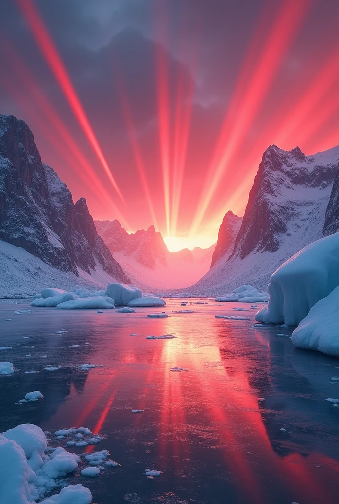 Frozen lake music lasers red sunset ice caps 