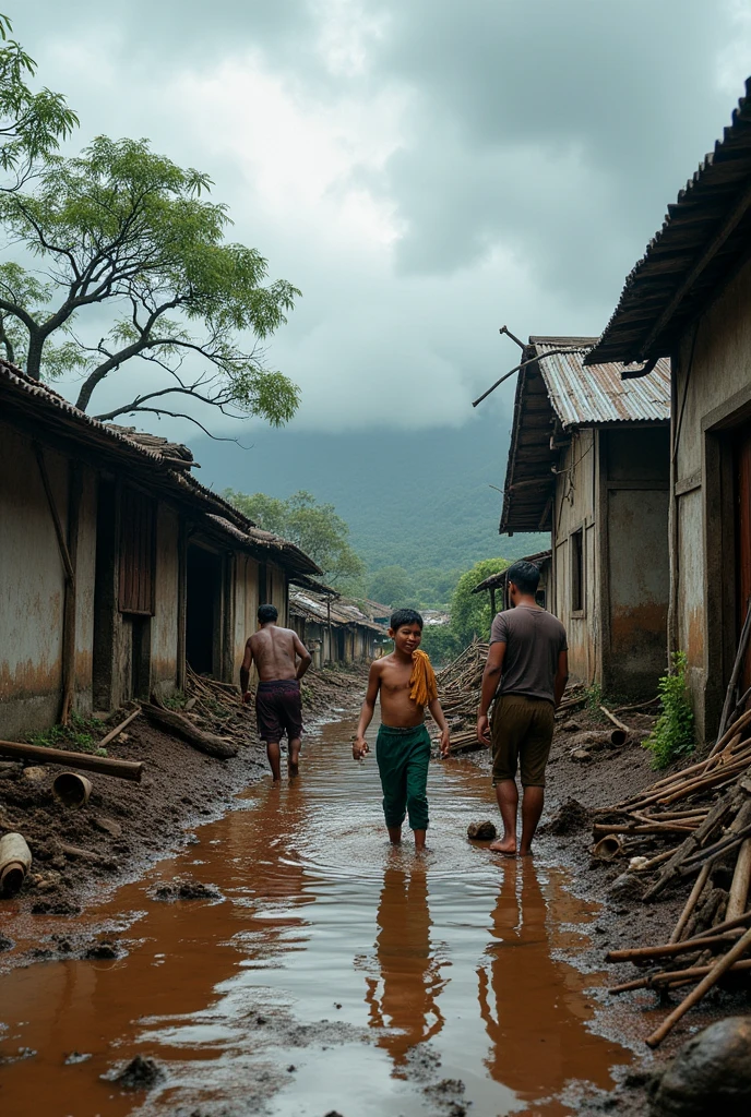 A distruction in  local village after a rain storm