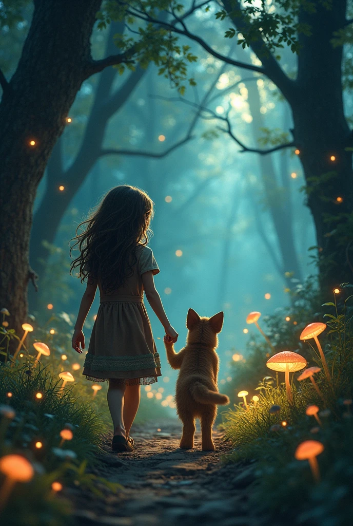 The brave curious village girl and her pet dog stepped onto the hidden path, which was lined with glowing mushrooms and fluttering fireflies. As they walked, the forest seemed to come alive, whispering secrets and stories.
Soon, they came across a wise old owl named Oliver perched on a low branch. Oliver had feathers as soft as clouds and eyes that sparkled with ancient wisdom