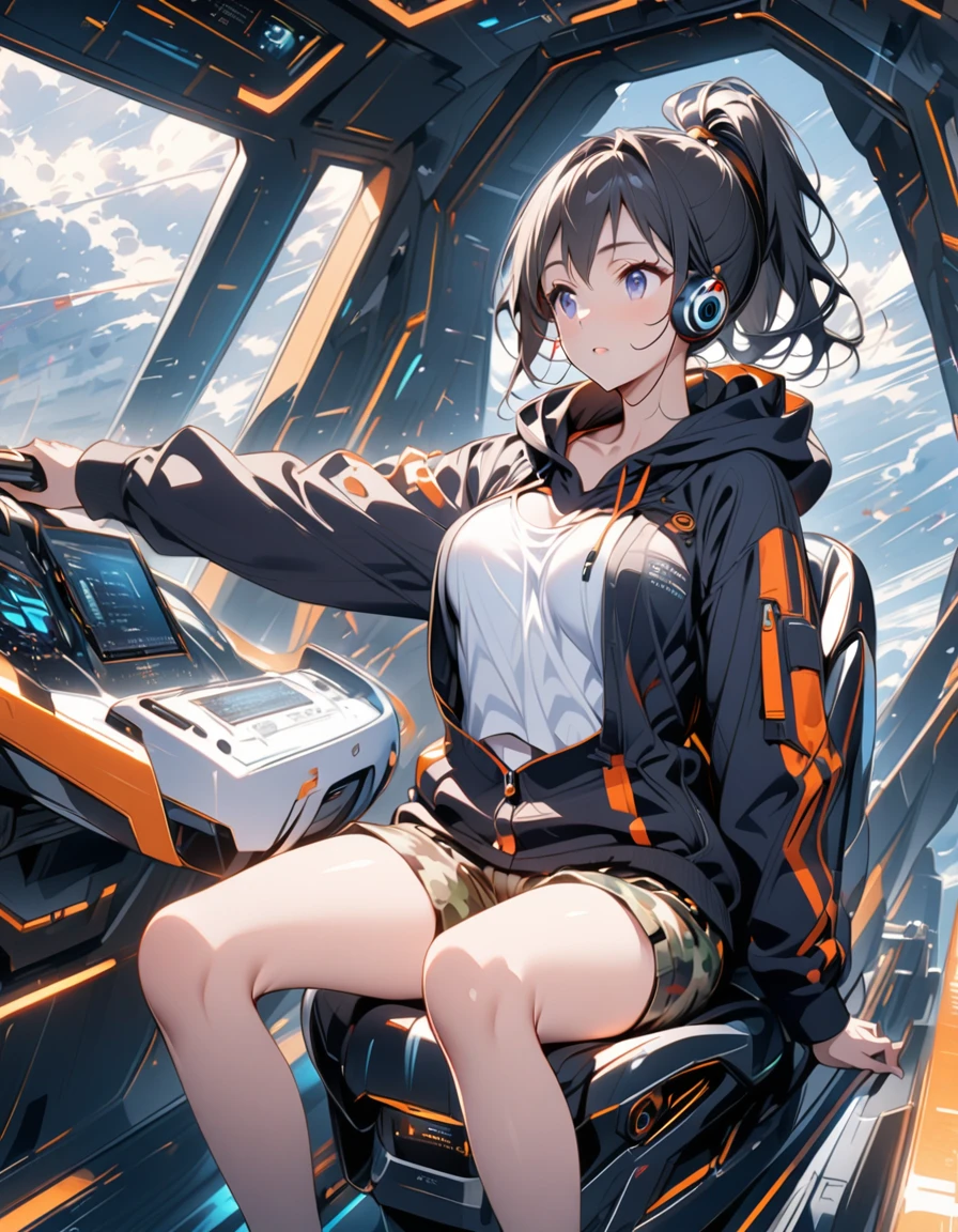 anime、Black Hair、ponytail、Near future、Sitting in the cockpit of a high-tech weapon、White tank top、Black hoodie、Camouflage shorts、Listening to music、delicate、Slender、Larger breasts、beautiful girl