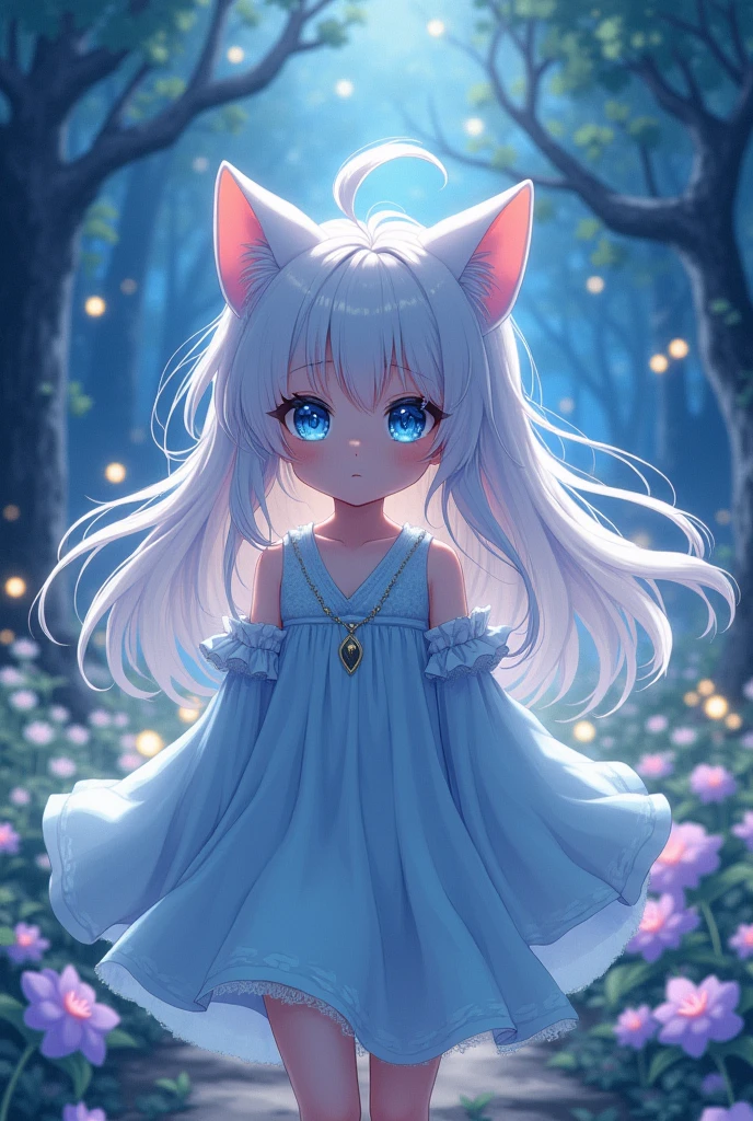Young girl with long white hair and anime cat ears dressed in light blue clothes and light blue eyes
