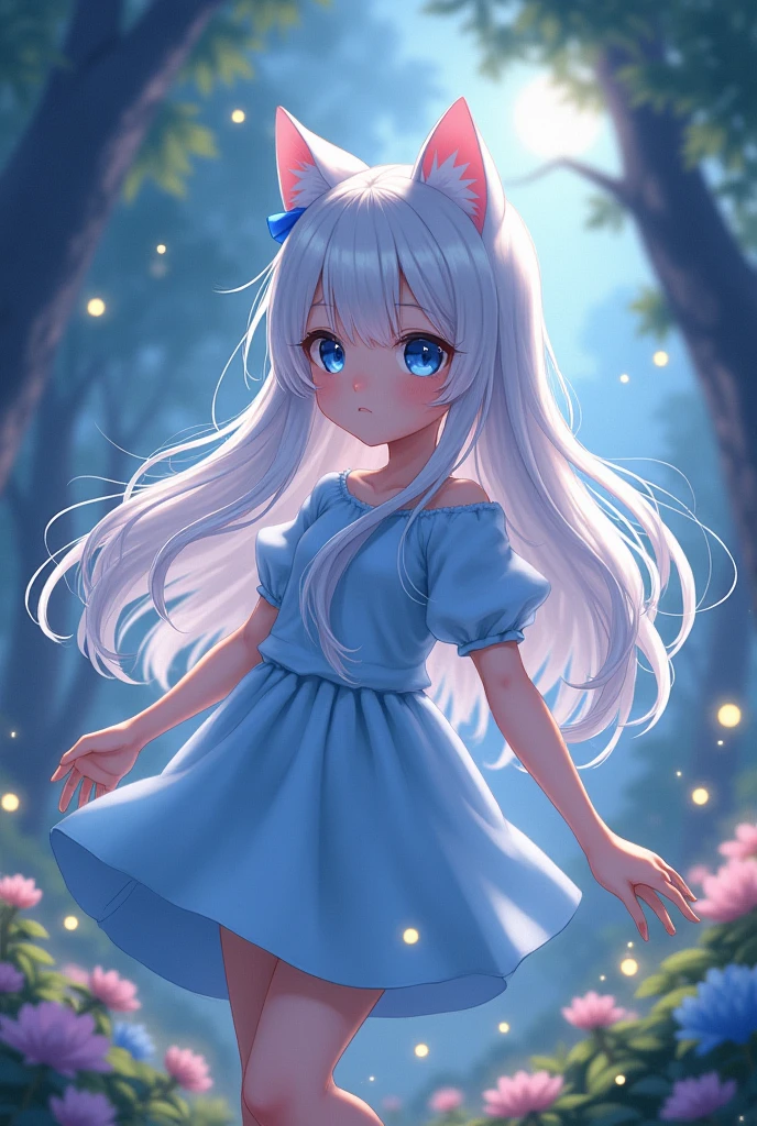 Young girl with long white hair and anime cat ears dressed in light blue clothes and light blue eyes