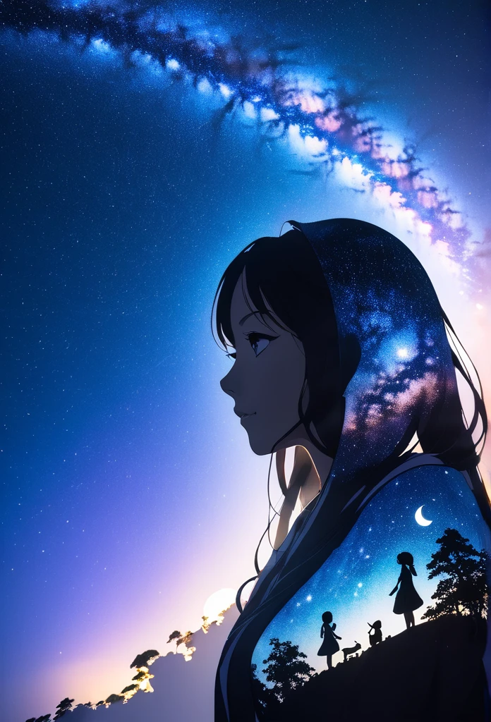  mate piece, silhouette, Milky Way, Orihime's, close-up, profile, monotony, moon, double exposure, Milky Way, (((tanabata))), Tanabata decoration, depth of field, (holographic glow effect), from below, low angle shot, masterpiece,