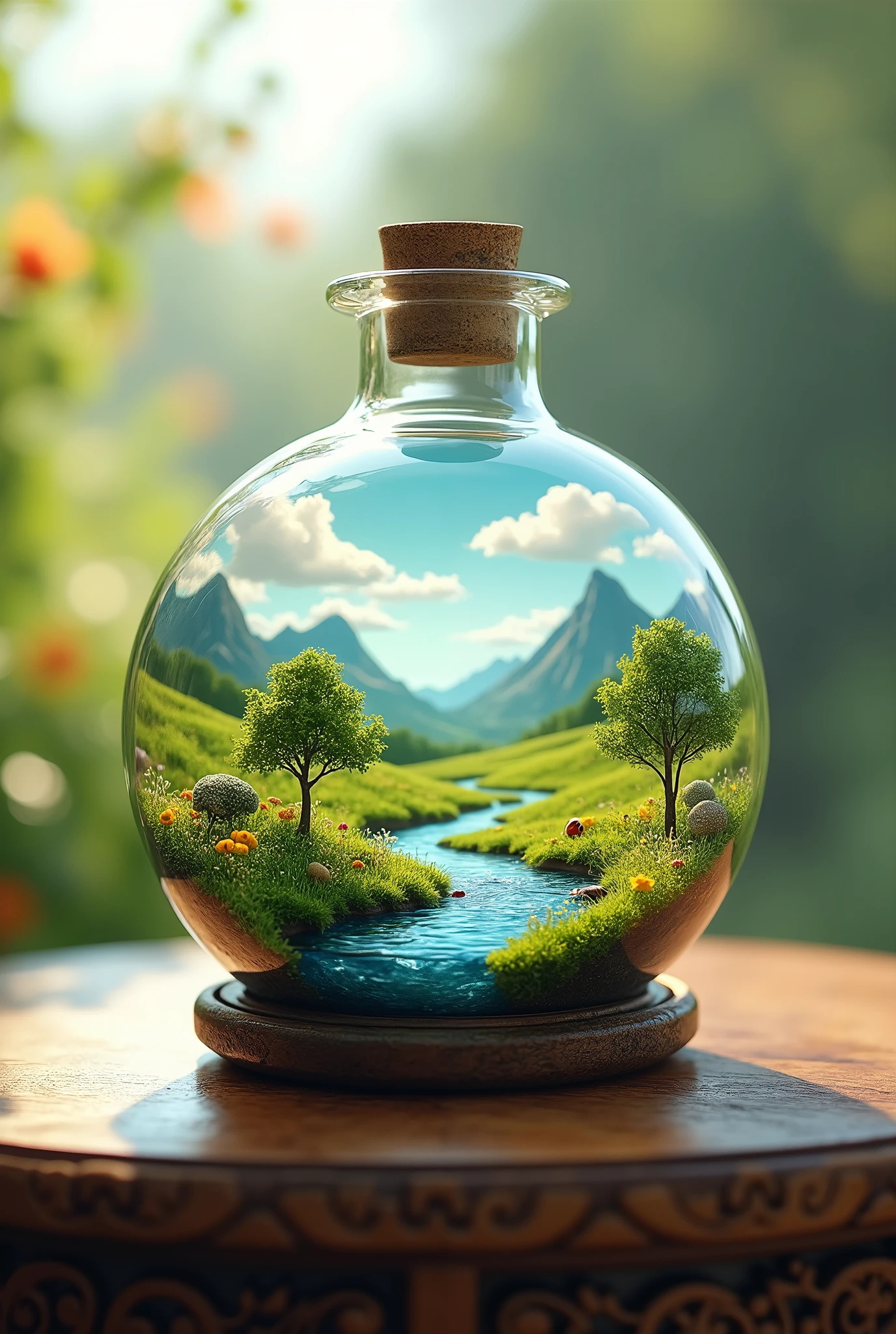 An exciting 3D rendering of a mesmerizing photograph showing a miniature world trapped inside a round transparent glass bottle. Inside the bottle
