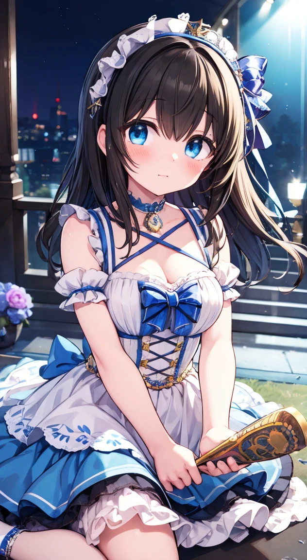 (Best Picture Quality, 4K, High Quality, Masterpiece:1.2), ((Masterpiece)), High Detail, High Quality, (HDR,16k, RAW Beautiful Girl Portrait, Best Picture Quality, Masterpiece::1. 2), (Ultra-Definition Illustration), nsfw, idolmaster, idol costume, , spotlight, extremely cute, brown hair color, sleeveless, detached sleeves, (yellow & blue frilled dress with flower stitches:1.3), tiara, showing armpits, embarrassed, crying, pantyhose, colorful wet race lingerie, spread legs, open chest, cum on pussy