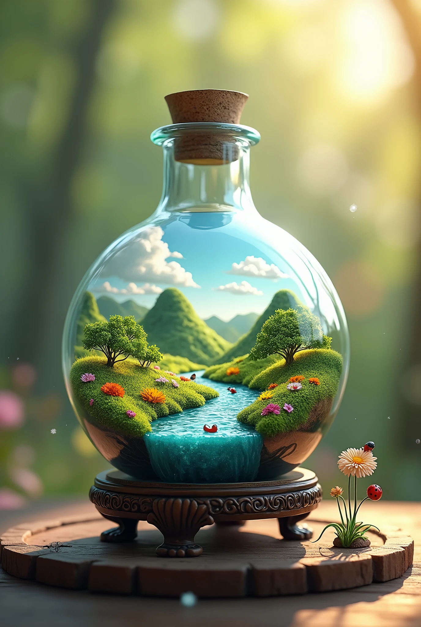 An exciting 3D rendering of a mesmerizing photograph showing a miniature world trapped inside a round transparent glass bottle. Inside the bottle