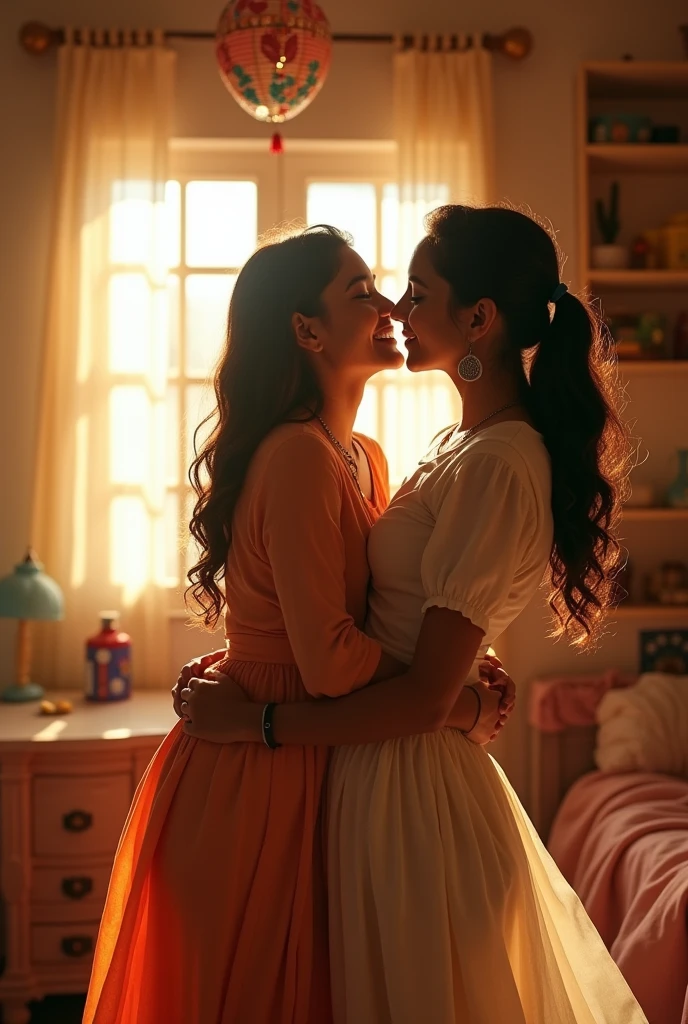 A charming scene of a 26--old d named Roopa, who is playfully interacting with her 16-yearld er. Tyoung master clings toRoopa's back and holds her waist tightly, caressing her as they share a light-hearted moment. Roopa smiles and laughs as the boy shakes her from behind, showcasing the affectionate bond between them in a warm and friendly atmosphere.Less