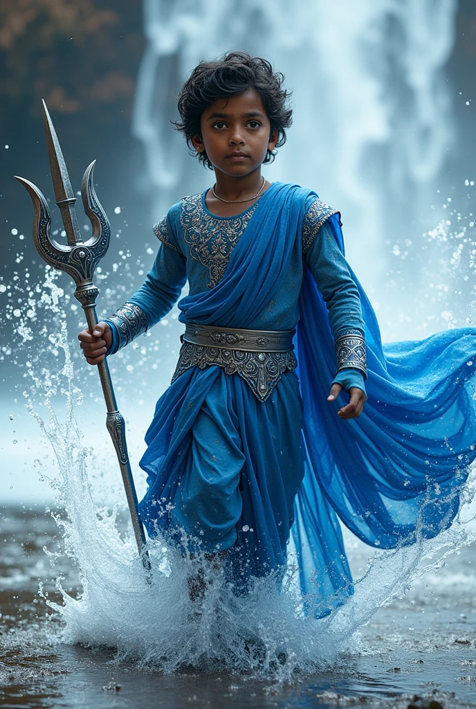 "Create an image of an Indian superhero boy with the power of water. The superhero should be dressed in a traditional yet modernized Indian attire, with elements like flowing water integrated into the design, such as water swirling around their arms or forming a protective shield. Their outfit should have shades of blue and silver, symbolizing water and its fluidity. The character should have a strong, determined expression, with water-based weapons like a trident or a staff that can summon waves. The background could depict a dynamic water landscape, such as an ocean, river, or a waterfall, emphasizing the superhero's connection to water."