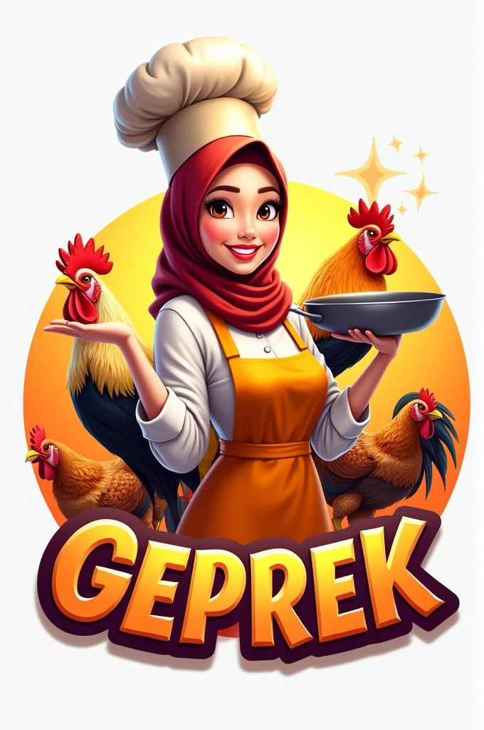 The 3d text logo says "GEPREK" at the bottom, with the mascot of a beautiful Indonesian woman wearing a hijab, wear apron, wearing a chef's hat, hand holding a pan, inside the circle, decorated with rooster and fried chicken.