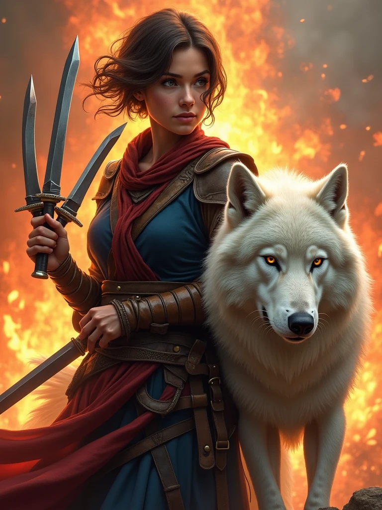 a 30 year old girl, brown hair, short hair, fearless expression, a fighter, having some knifes, with a white ninja wolf, fearless expression too, coming from war background, fire background, fantasy, highest quality
