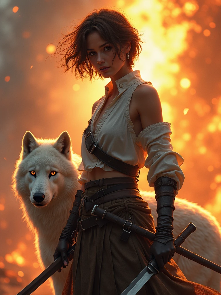 a 30 year old girl, brown hair, short hair, fearless expression, a fighter, having some knifes, with a white ninja wolf, fearless expression too, coming from war background, fire background, fantasy, highest quality