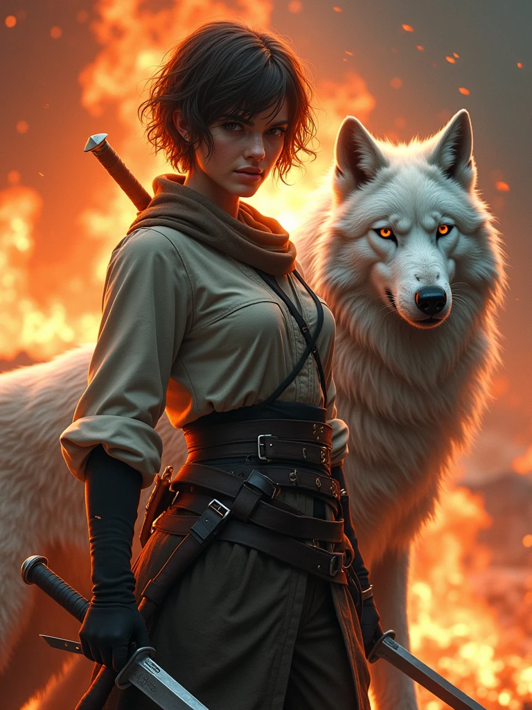 a 30 year old girl, brown hair, short hair, fearless expression, a fighter, having some knifes, with a white ninja wolf, fearless expression too, coming from war background, fire background, fantasy, highest quality