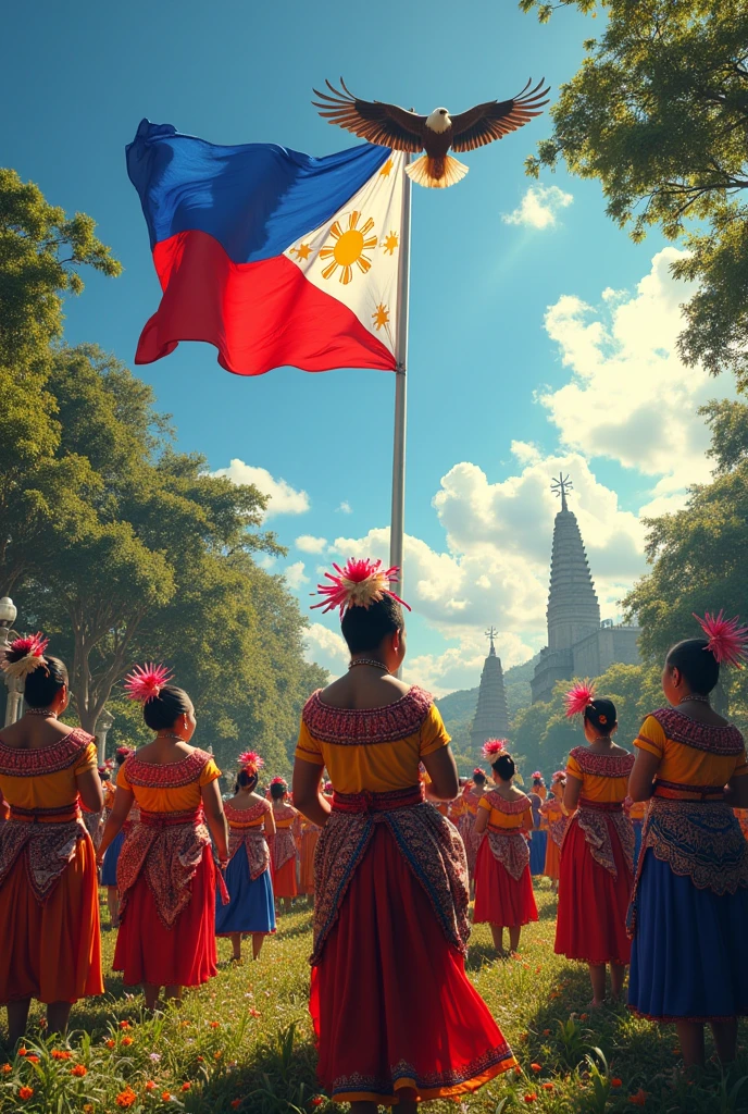 Filipinos wearing their culture clothes, Philippine flag, eagle