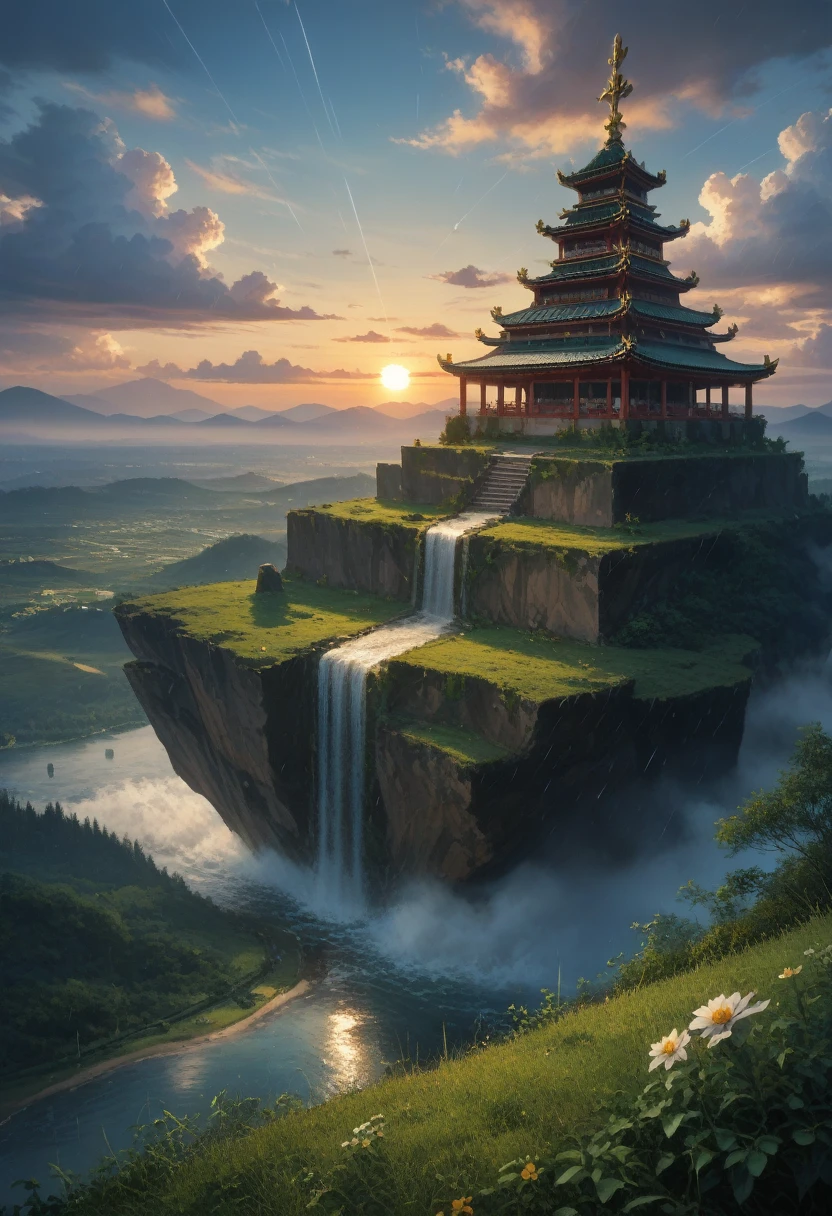 score_9, score_8_up,score_7_up, masterpiece, best quality, perfect anatomy, very aesthetic, official art, 8k, sfw, 1 girl, A small smirk, sexy, just concentrate, throw, very wide shot, landscape, East Asian architecture, Sun Ray, sunrise, floating, cloud, sky, rain, water, whole body, on open air, landscape, depth of field, masterpiece, bright colors, Clear drawing of details, play of shadows and light, wallpaper, Divine Creation,
