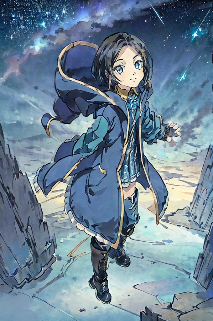 Empty City, A town above the clouds, Sky City,Black Eye,Blue haired, wearing a duffle coat, Falling from the sky、In the desert、Stars shine in the night sky、beautiful girl、Show your side