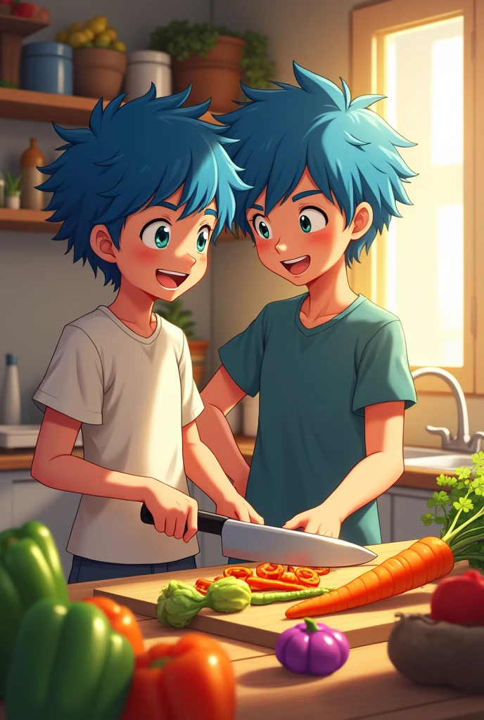 Anime. A teenage boy is helping his friend. cutting vegetables