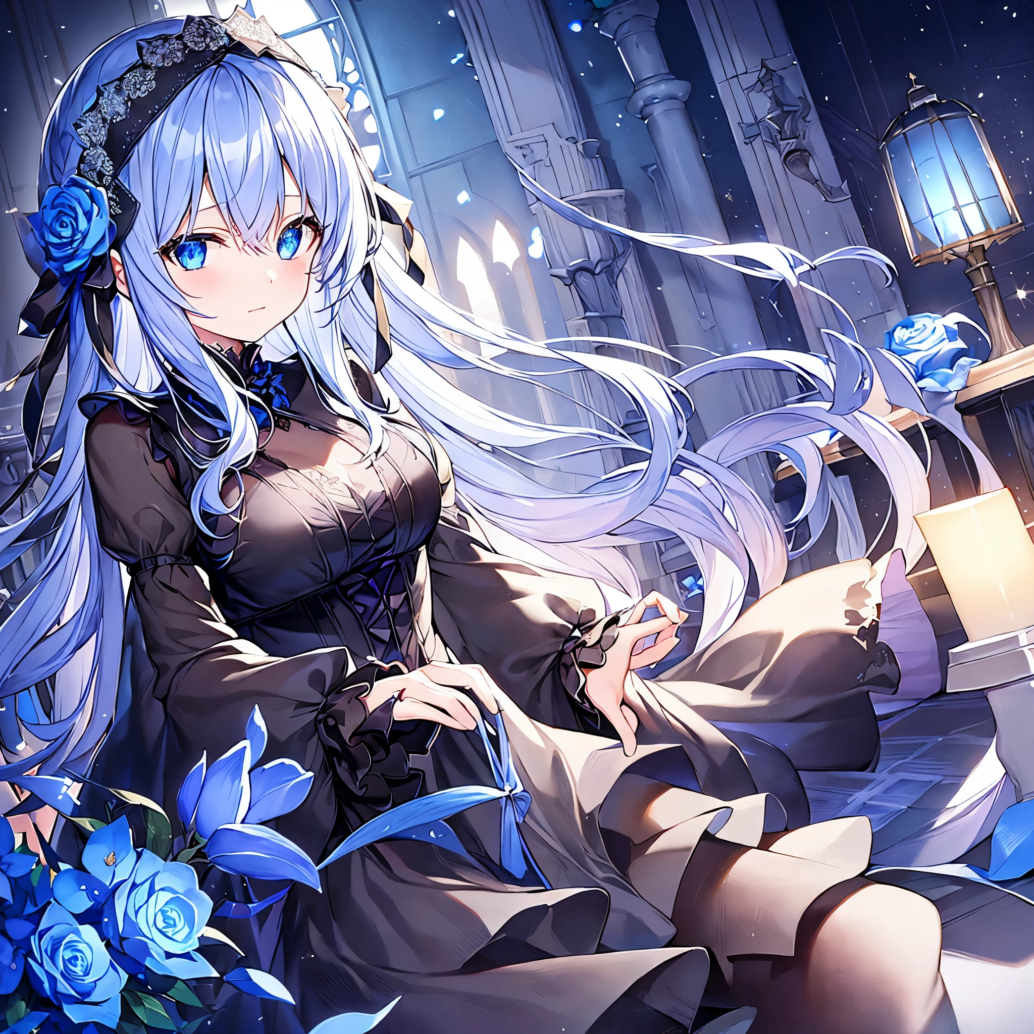 (Detailed light、Detailed Shadows、Detailed Design)、1 person、Gothic、(Dark fantasy)、Headband、Blue Rose、Black and blue outfit、Long sleeve、night、moon、ribbon、Frills
