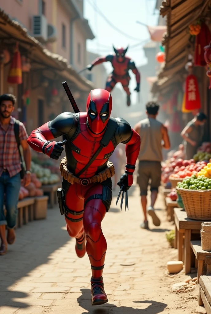 (photorealism:1.2), (HDR quality), (realistics), the deadpool is running sared becouse he was chasing by wolverine(angry face), (deadpool with one hand is raised his 5 fingers), wolverine chasing him behind jumping highly., at the traditional market(detailed situations and conditions), many people watching them
