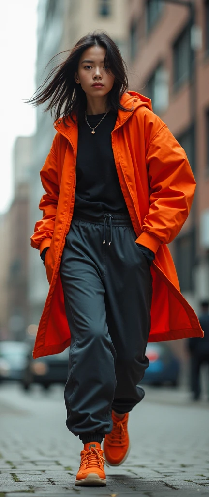 1 asian female, 90s streetstyle hiphop fashion, baggy thick edgy loose tracksuit over loose shirt, Melbourne shuffle shuffling footwork, medium shot, 1990s, photorealistic, (best quality,4k,8k,highres,masterpiece:1.2),ultra-detailed,(realistic,photorealistic,photo-realistic:1.37),HDR,UHD,studio lighting,ultra-fine painting,sharp focus,physically-based rendering,extreme detail description,professional,vivid colors,bokeh,studio shot,dramatic lighting