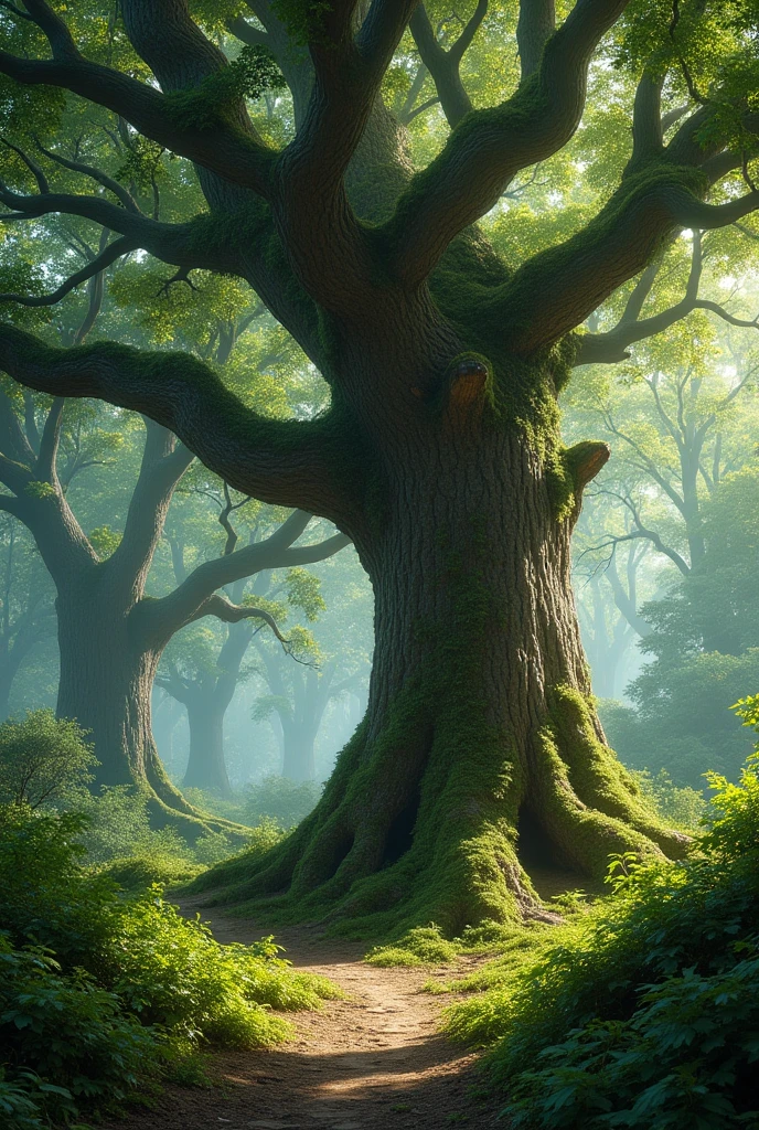 A large forest where there is an arrow marked on a tree
