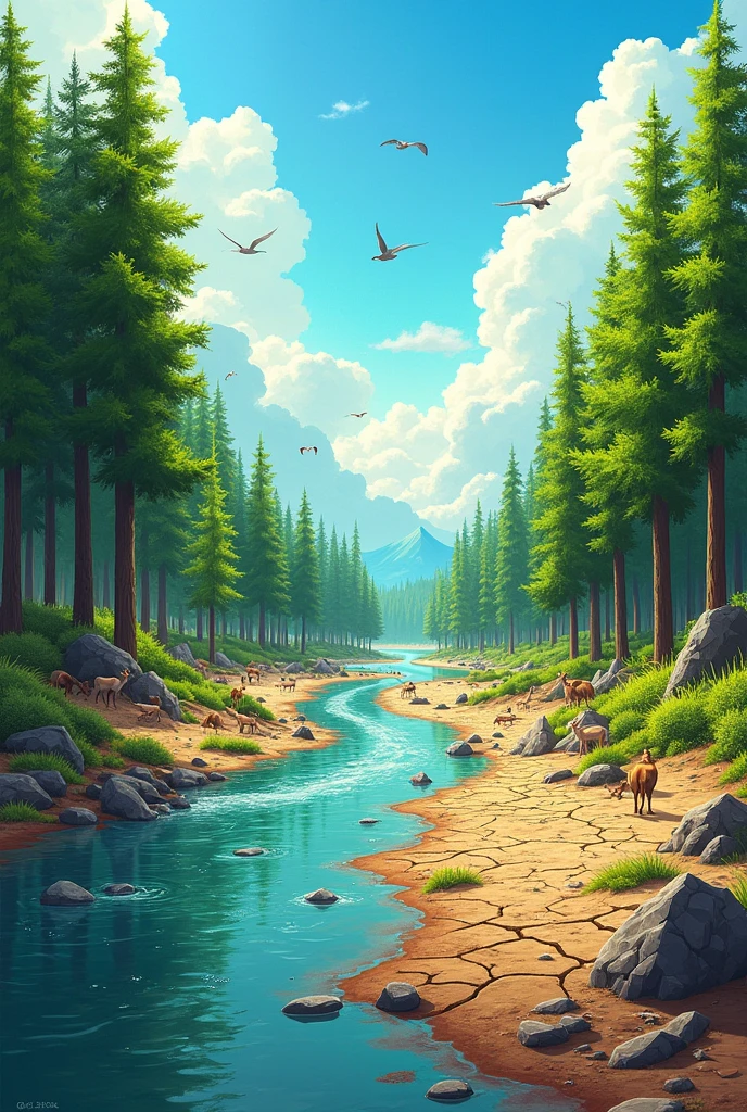 A divided landscape: On one side, a green and healthy forest with trees and animals and the clean river and on the other hand everything is the opposite,with a meme