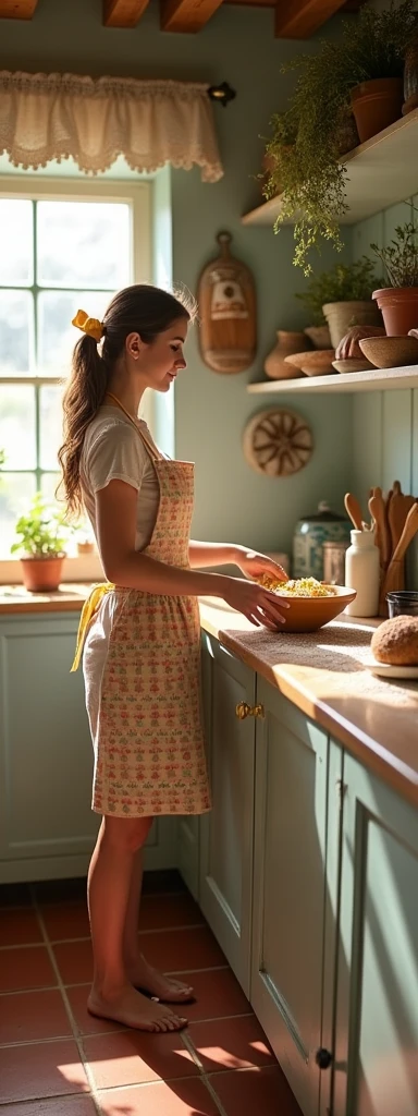 She wears an apron 