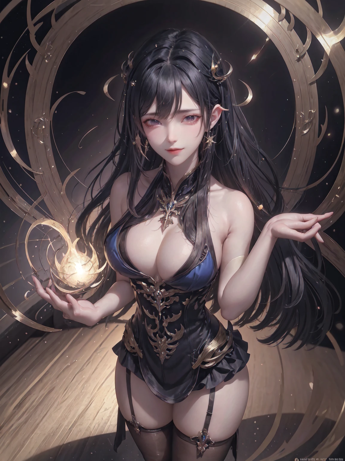 magic library background, magic book ,8k, masterpiece, bset quality, girl in a tight black dress chic, silhouette, sexy girl fantasy anime artwork, fantasy anime illustration, cool 8k anime, 4k anime art wallpaper, 4k anime art wallpaper, 2.5 d cgi fantasy anime artwork, 8k anime art wallpaper, detailed digital anime art, beautiful fantasy anime, epic anime artwork, 4k anime wallpaper, detailed anime artwork, sexy, seductive, giant, woman, anime style, best quality, extremely detailed, best silhouette), (detailed) font background, dark fantasy), (fine detailed face), high contrast, (finest lighting detail, extremely delicate and beautiful), ((cinematic lighting)), colorful, super detailed, dramatic lighting, intricate detail, (1 girl, solo, sharp face,... blue hair bold, super long hair, tifa-style thick bangs, long eyelashes, dynamic angle), black light swirling around the character, depth of field, black light particles, wearing a luxurious, noble, tight-fitting dress, stockings, water effects, magic effects, magic library background, magic book, outer space