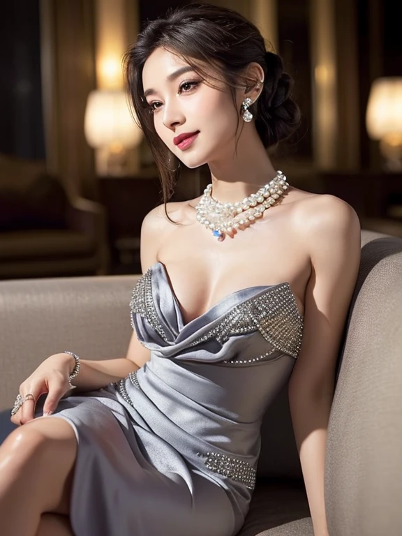 Bright pale silver evening dress in satin, (Dress decorated with rhinestones and jewels:1.5), Dress with a slit, BREAK, At the club lounge at night, The background is luxurious and European, (Dark Background), BREAK, Very beautiful face, Small face, (A stylish Japanese woman), valley, Makeup, Brown eyes, (Dark Blonde Hair:1.2), (Loosely curled medium length hair), (Her hair is tied back), Sit facing me, Looking at me and smiling seductively, Wearing a pearl necklace, Wearing false nails, He is sitting upright on a plush sofa with his hands together on his lap., The whole body is visible, Shallow depth of field, depth of field, blurry background, blurry, Duck mouth, nsfw