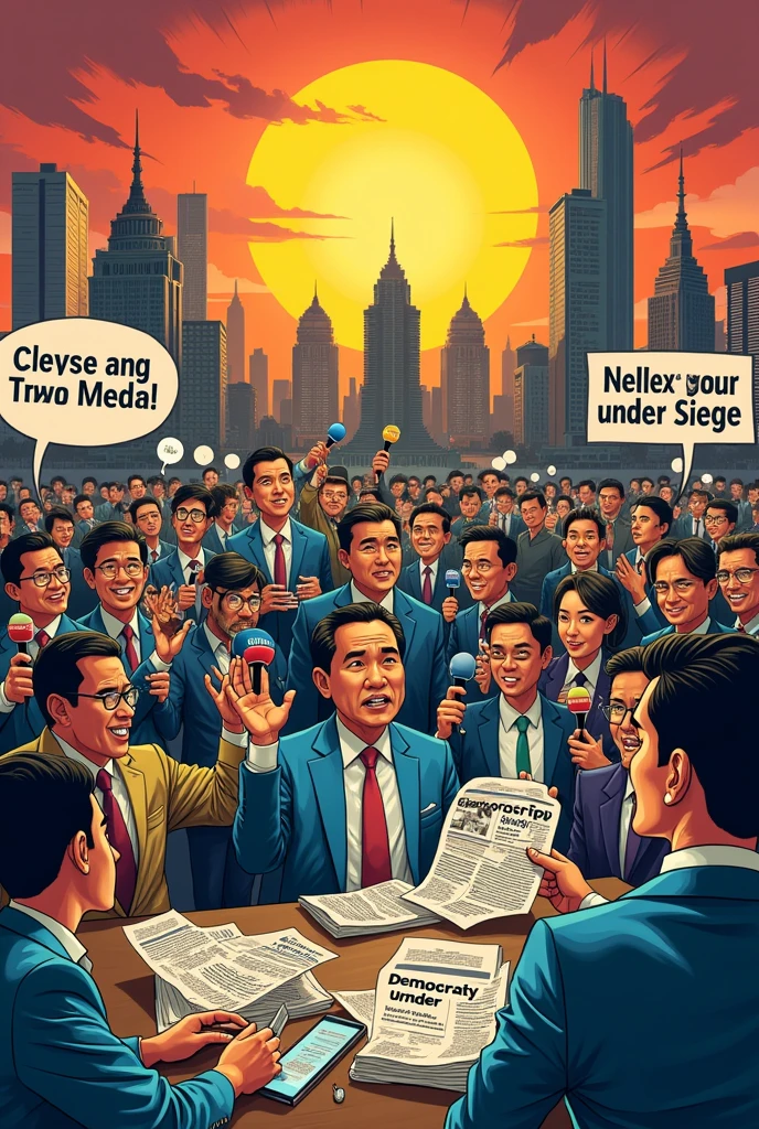 drawing or sketch of a political cartoon about the role of Philippine media in the democracy
