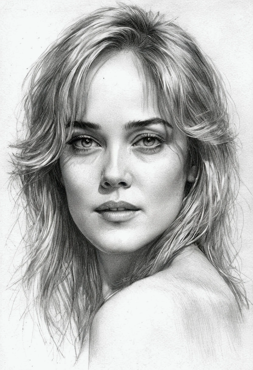 A delicate, graphite sketch portrays, a nude beautiful young Sharon Stone, small firm breasts, firm and round nipples, without back ground, her features rendered in subtle shading and precise lines. The framing is tight, focusing attention on the subject's serene face. Soft, feathery strokes convey the gentle texture of her hair,
