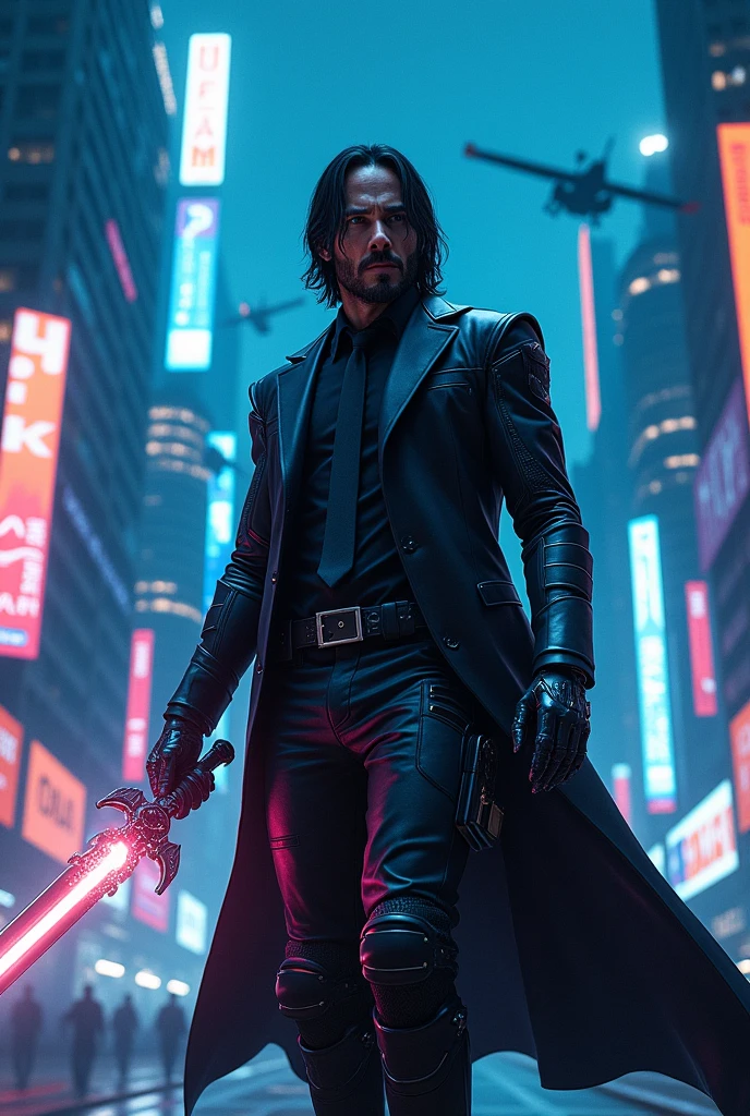 John Wick+Cyber Armor+Holding a Cyber Sword+Fire Power Hand