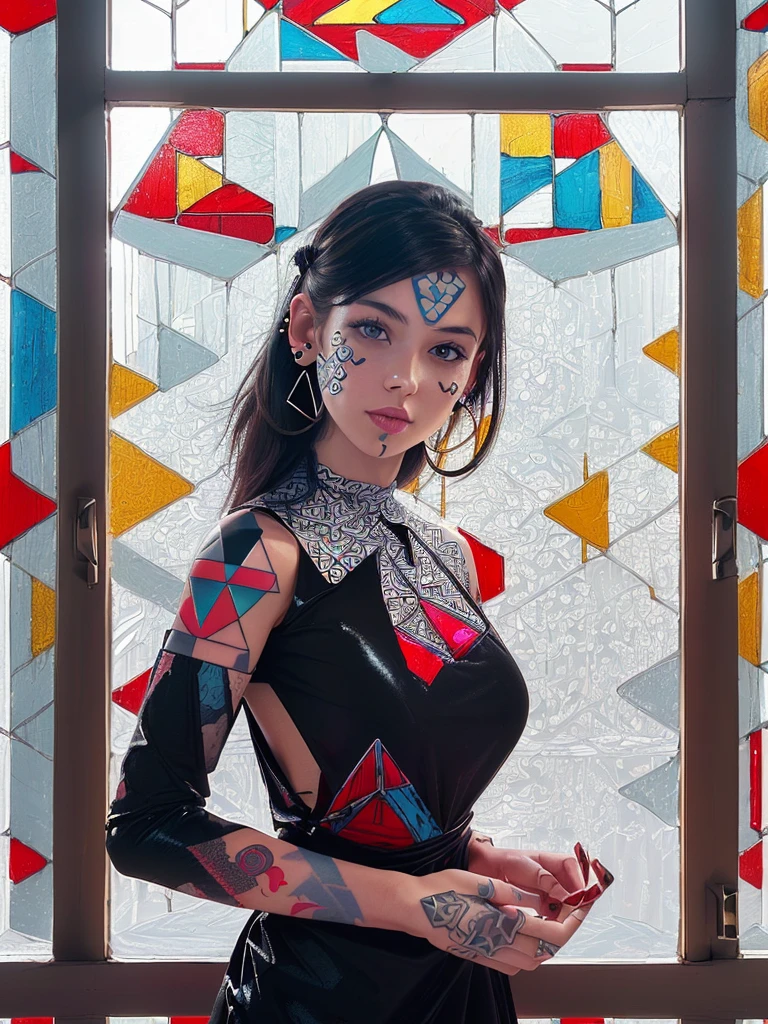 (shiny white skin:1.4),(a girl with bigbreast:1.5),(cute face with Geometric pattern Tatoo:1.8) , (abstract pattern wall and red window:1.7) ,(many ear ring:1.5),(black dress blouse:1.6) extremely detailed CG unity 8k wallpaper