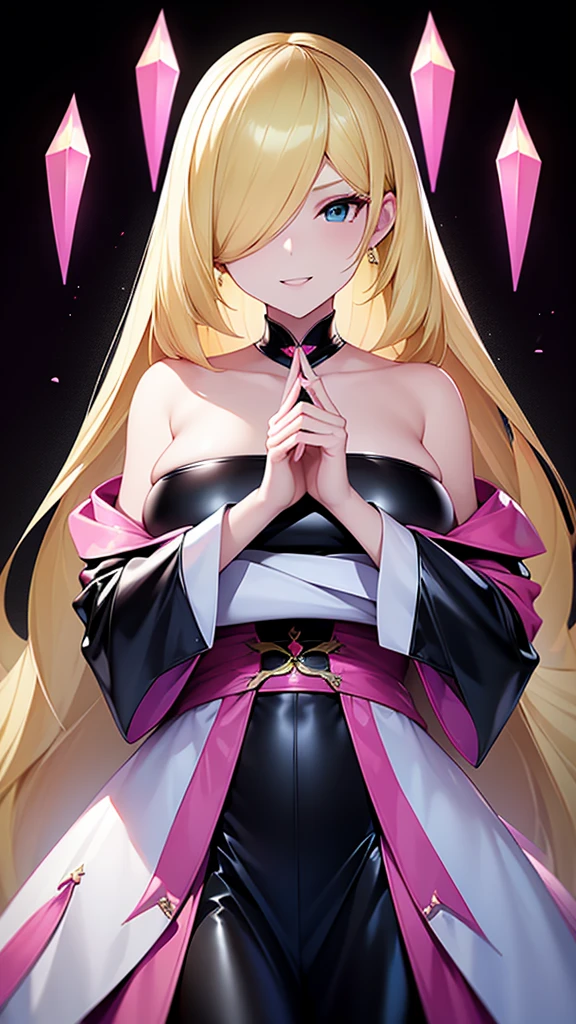 Lusamine、Blonde、tall、 adult、Married Woman、Shiny latex robes、Off the shoulder、邪evilな修道女, Sister、Pink and black background, Pitch-dark bedroom, Dark Theme, evil, lure, excited, A condescending grin, Lightly open your mouth、Sexy pose, Upper Body,