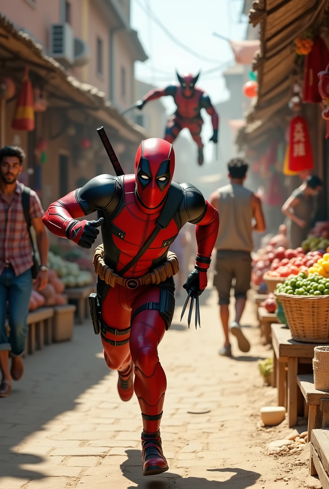 (photorealism:1.2), (HDR quality), (realistics), the deadpool is running sared becouse he was chasing by wolverine(angry face), (deadpool with one hand is raised his 5 fingers), wolverine chasing him behind jumping highly., at the traditional market(detailed situations and conditions), many people watching them
