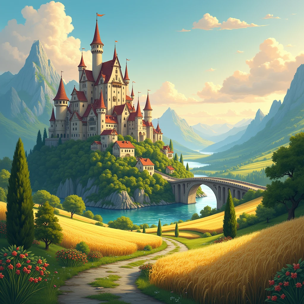 (((best quality))), high saturation, clear, reasonable structure, cartoon style, architecture, bridge, construction, castle, chimney, cloud, cloudy_sky, day, fantasy, door, grass, house, mountain, no_humans, outdoor, river, landscape, sky, sunset, tree, window, wheat field, wheat, Full HD wallpaper