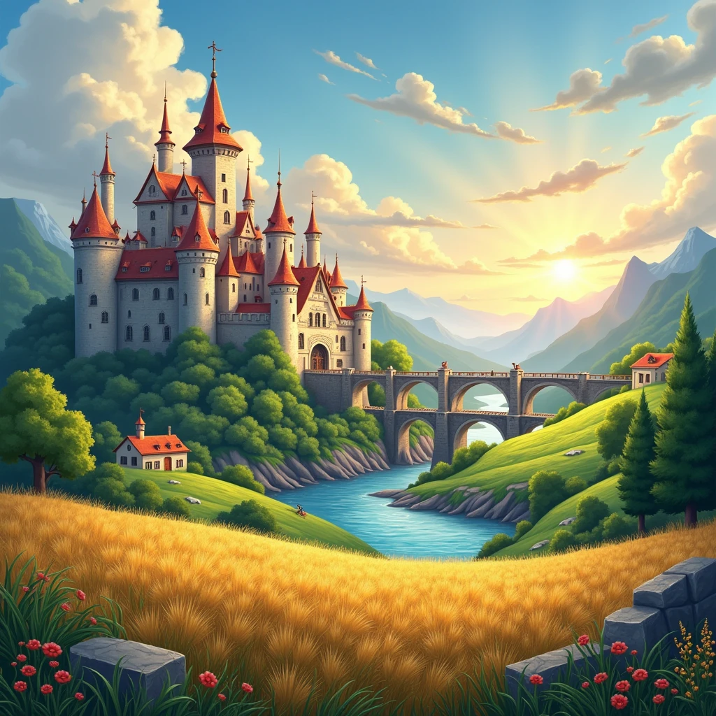 (((best quality))), high saturation, clear, reasonable structure, cartoon style, architecture, bridge, construction, castle, chimney, cloud, cloudy_sky, day, fantasy, door, grass, house, mountain, no_humans, outdoor, river, landscape, sky, sunset, tree, window, wheat field, wheat, Full HD wallpaper