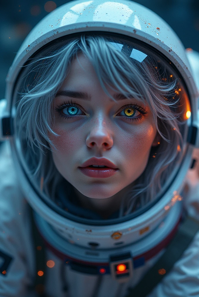 (Close-up of a better masterpiece:1.5)0.9], (Space and astronauts:1.2) (Messy silver hair:1.1) (Heterochromia xanthochromia and blue eyes:1.2) (Space Helmet:1.0) (Colored stars in the eyes:1.0) (A radiant glow:1.1) (thick lips:0.9)