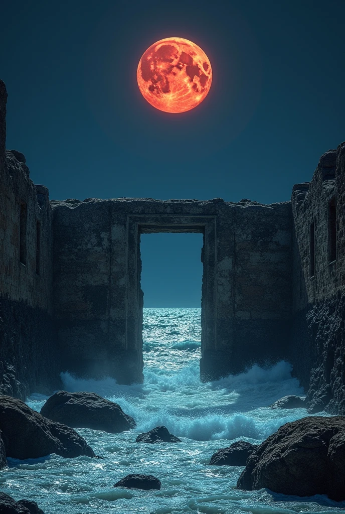 Real、photograph、masterpiece、high quality、4K、HDR、Under the crimson moon floating in the dark night sky、Crumbling concrete ruins emerge from a sparkling cleft in the vast, shimmering ocean.。 BREAK None BREAK Looking down on the ruins BREAK Fantasy、Surreal、Real、masterpiece
