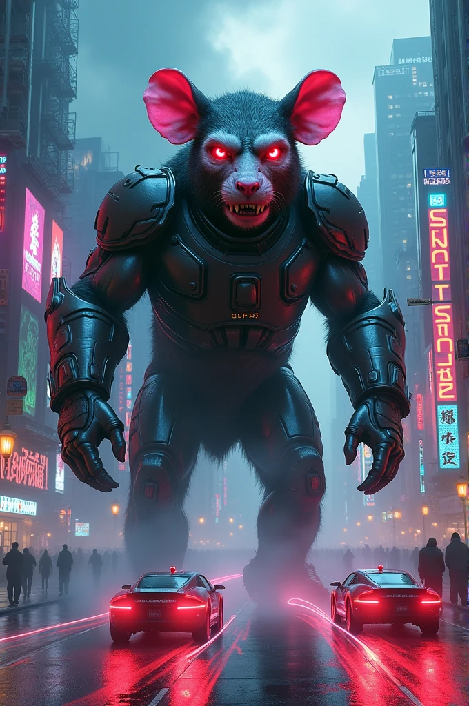 An evil mouse bigger in size than an gorilla in cyberpunk
