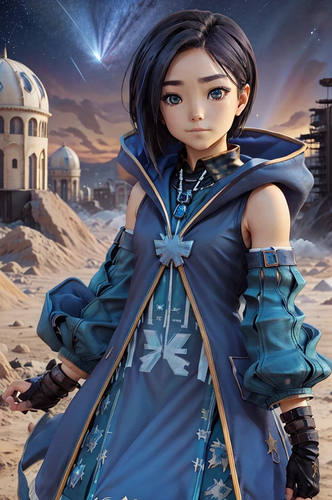 Empty City, A town above the clouds, Sky City,Black Eye,Blue haired,Falling from the sky、In the desert、Stars shine in the night sky、beautiful girl、Show your side