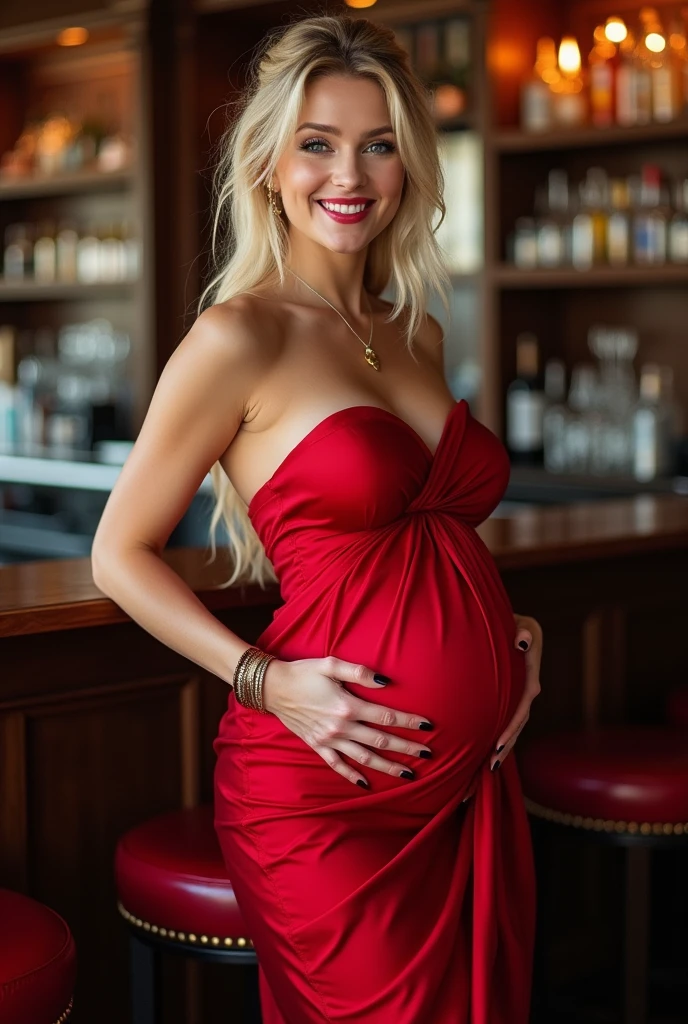 20 year old girl,fair white skin,tall,beautiful,elegant,perfect face, blonde hair,blue eyes, beautiful eyes,long hair,glossy lips,earrings, bracelet,massive boobs, huge ass,red shining saree,long legs,thick thighs,fit body,attractive,blush,smiling,bar background,russian girl,necklace,one hand on boobs and other on pussy,winking,red high heels,mascara, lipstick,a bit messy hair and ponytail,super hot,cum on body,lipstick marks,smiling,pregnant