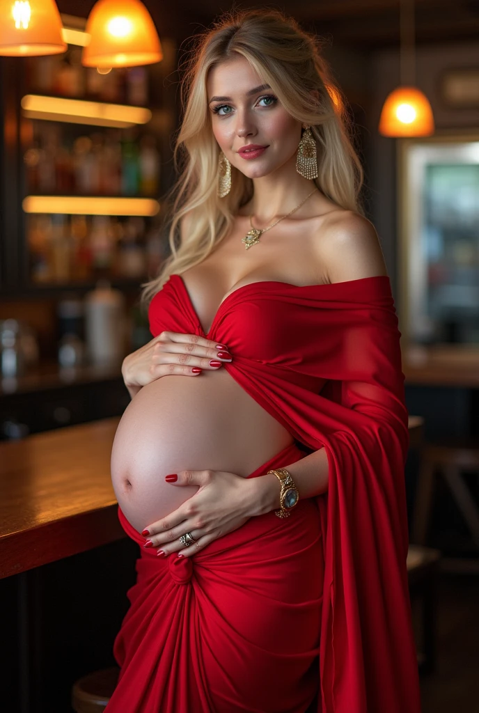 20 year old girl,fair white skin,tall,beautiful,elegant,perfect face, blonde hair,blue eyes, beautiful eyes,long hair,glossy lips,earrings, bracelet,massive boobs, huge ass,red shining saree,long legs,thick thighs,fit body,attractive,blush,smiling,bar background,russian girl,necklace,one hand on boobs and other on pussy,winking,red high heels,mascara, lipstick,a bit messy hair and ponytail,super hot,cum on body,lipstick marks,smiling,pregnant,completely naked