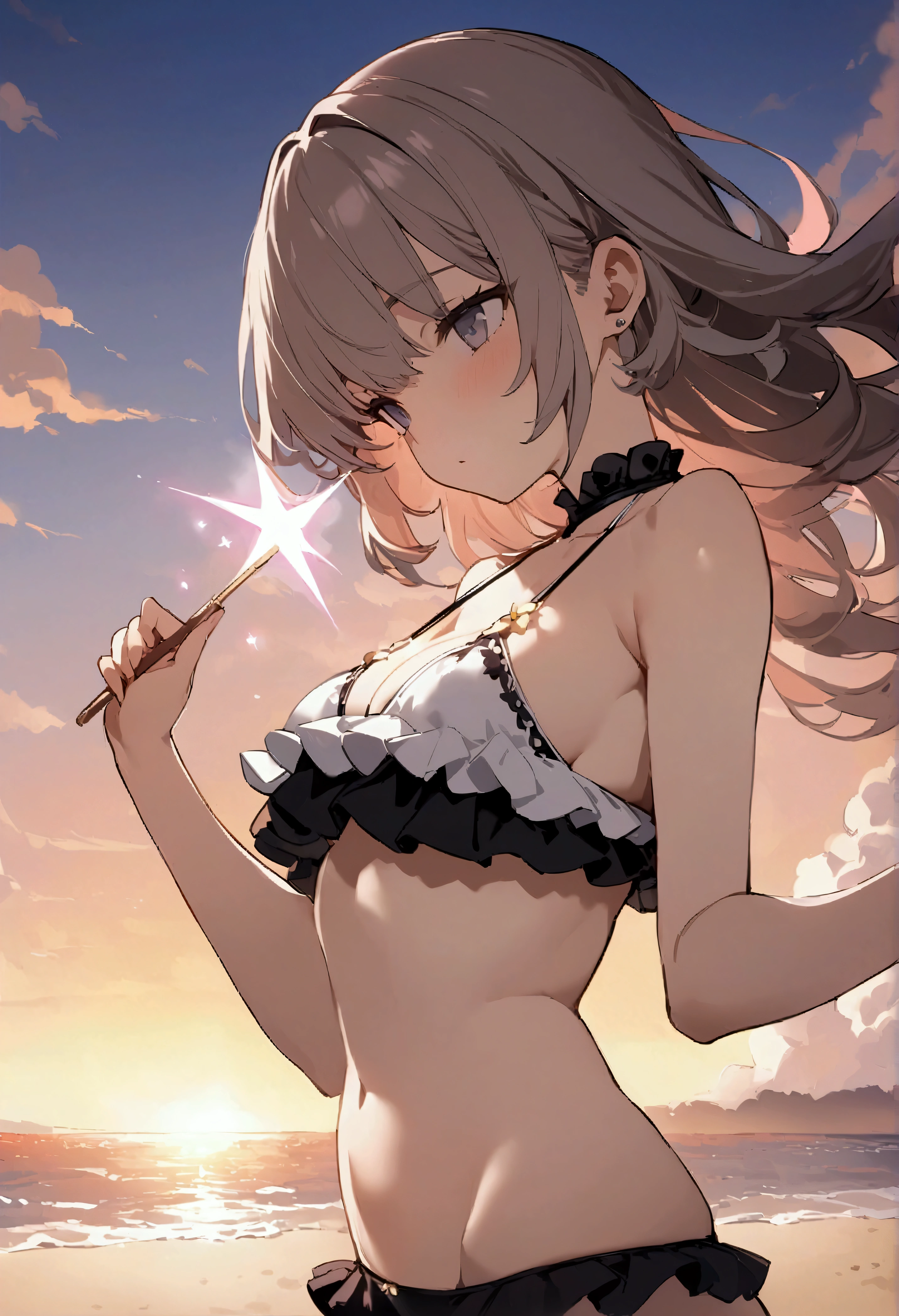 Highest quality, masterpiece, High resolution, 1girl solo, Detailed face,frill-type-bikini,Sunset Beach