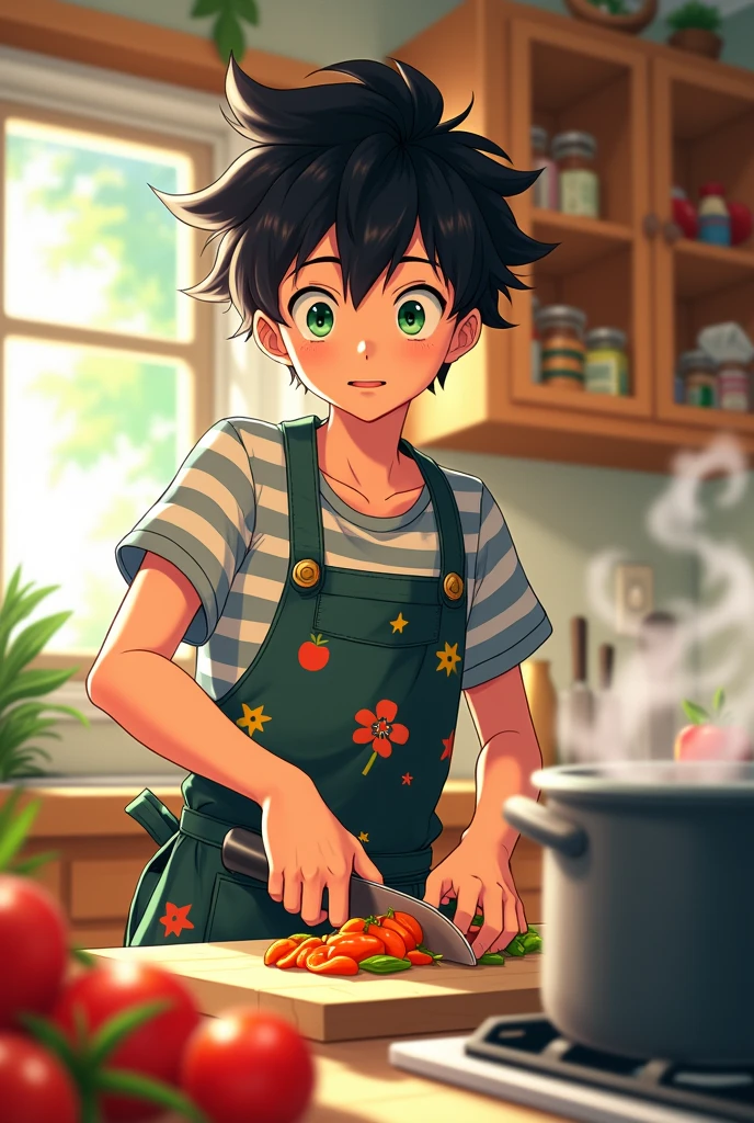 A boy is cutting vegetables anime