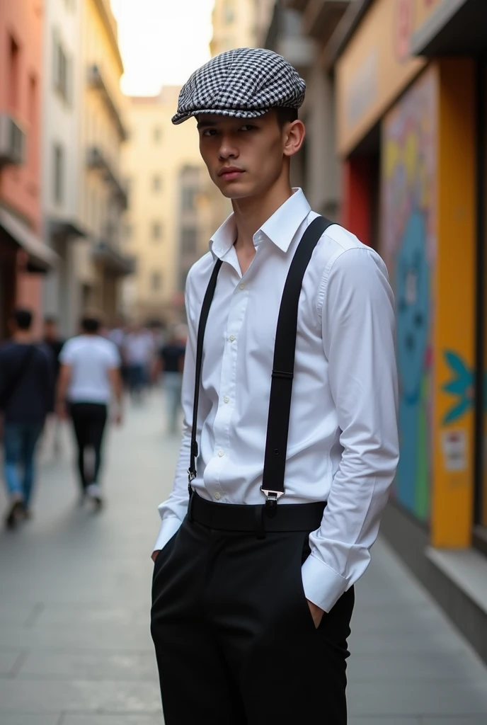 A man wearing cap, dressed black and wite, checked cap, smart and young