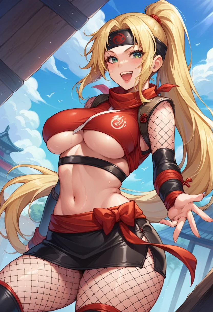 masterpiece, best quality, (1 girl), solo, wide hips, (big breasts), slutty grin, young girl, wide hips, ninja village, nighttime, detailed eyes, open mouth, ((wearing a slutty ninja outfit)), slutty, (very long hair), curvy, nice hips, kunoichi, ((ninja girl)), ninja outfit, midriff, short skirt, (fishnet), underboob, kunoichi skirt, blonde hair, fishnet bodycon, wide hips,