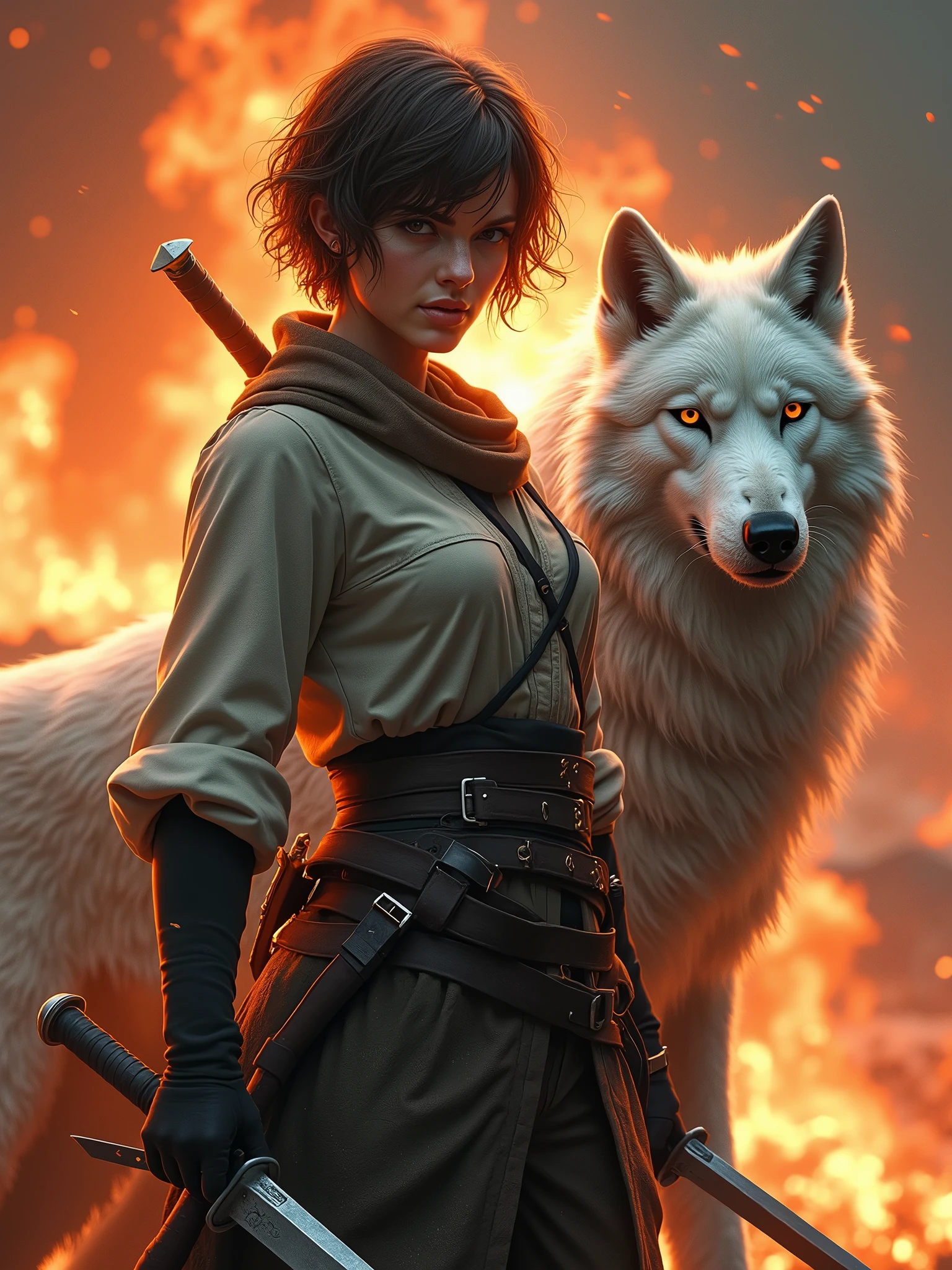 a 30 year old girl, brown hair, short hair, fearless expression, a fighter, having some knifes, with a white ninja wolf, fearless expression too, coming from war background, fire background, fantasy, highest quality