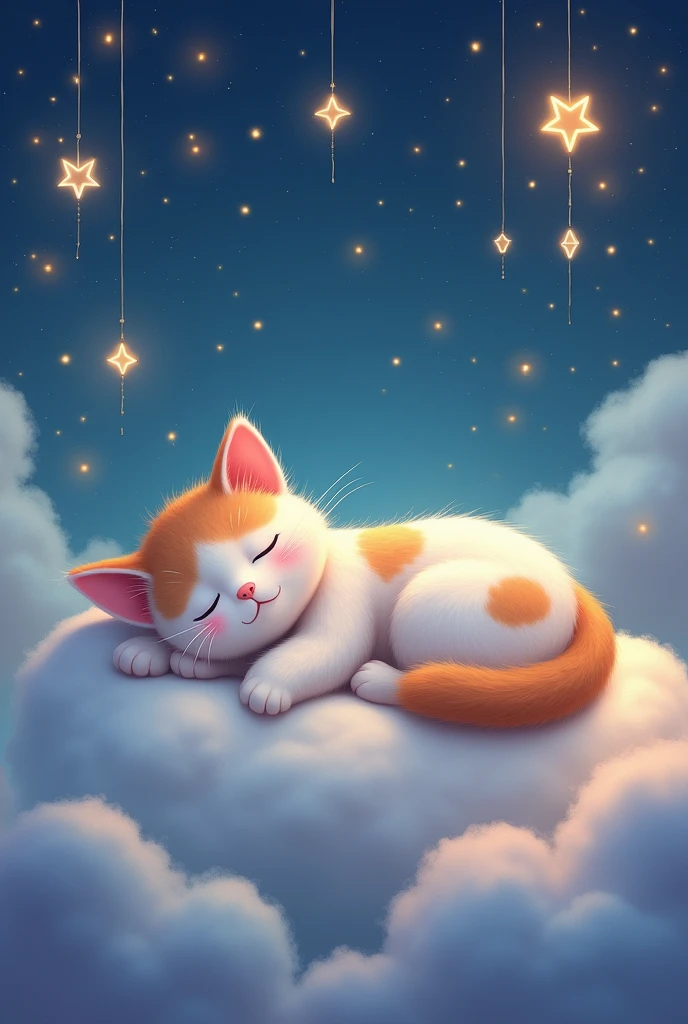 A cute, fluffy cat peacefully sleeping on a cloud in a dreamy night sky. The cat is white with soft orange patches, closed eyes, and a content expression. The background features a starry sky with glowing stars, hanging strings of stars, and a warm, soft lighting that gives the scene a magical and tranquil atmosphere. The colors are gentle and pastel, creating a soothing and cozy mood. The scene is whimsical and has a storybook-like quality.