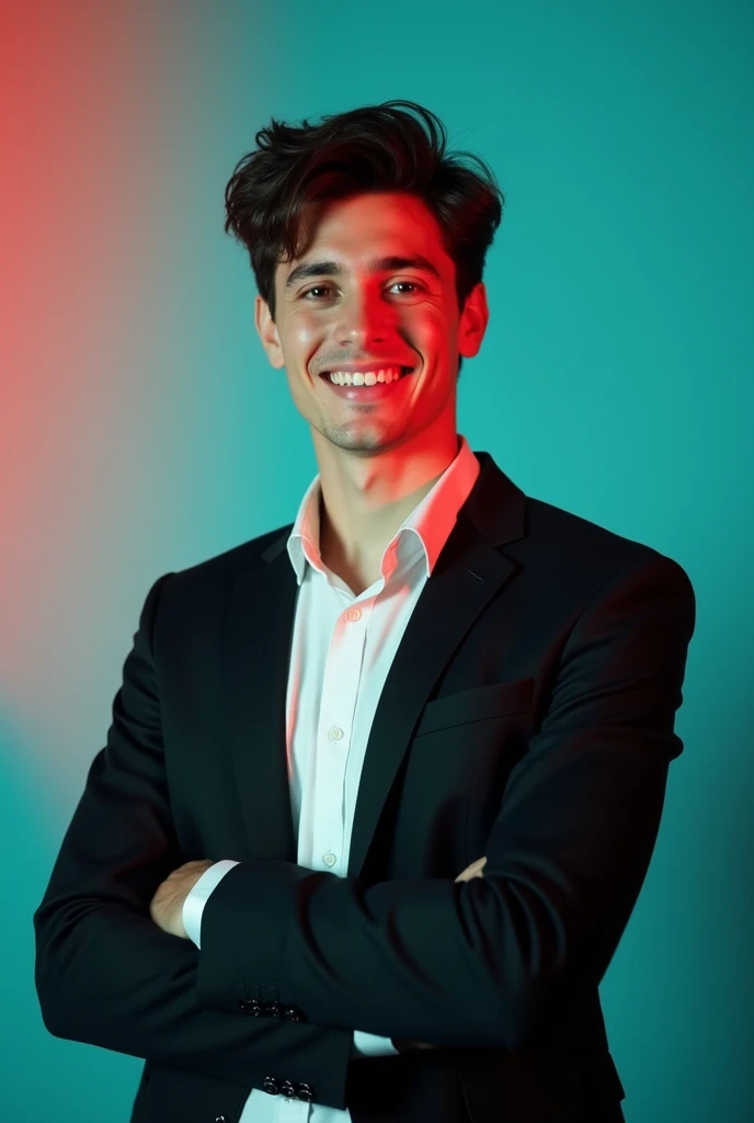 A young man with dark hair and a confident smile. He is dressed in a black blazer over a white shirt. The man is positioned against aqua colour backdrop with a subtle red lighting on the left side. and he posing for Linkedin profile